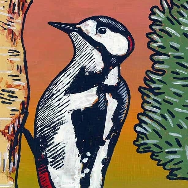 Bird painting of a Great Spotted Woodpecker