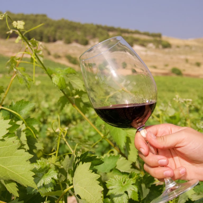 holding red wine in green vineyard