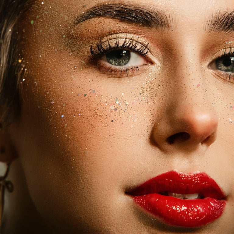 Zoomed in up close facial photo of female with green eyes and red lipstick. Very retouch skin