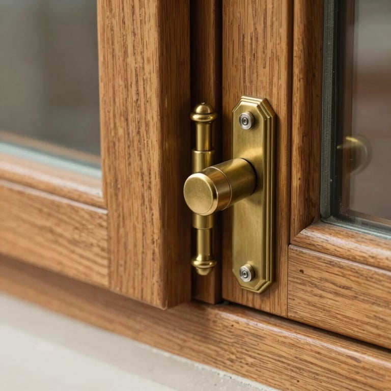 Detailed macro shot of a warm oak wood window frame with high-quality bronze hardware.