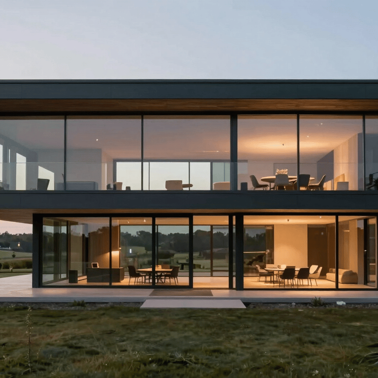 A large sliding glass door opening onto a wooden terrace, contemporary architecture, soft natural light.