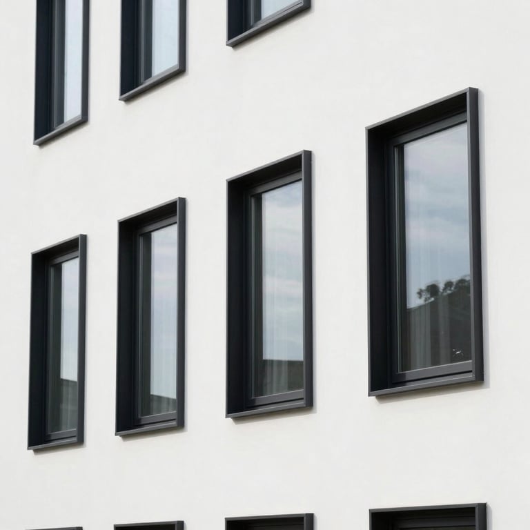 A set of modern minimalist black aluminum windows on a clean white house facade.