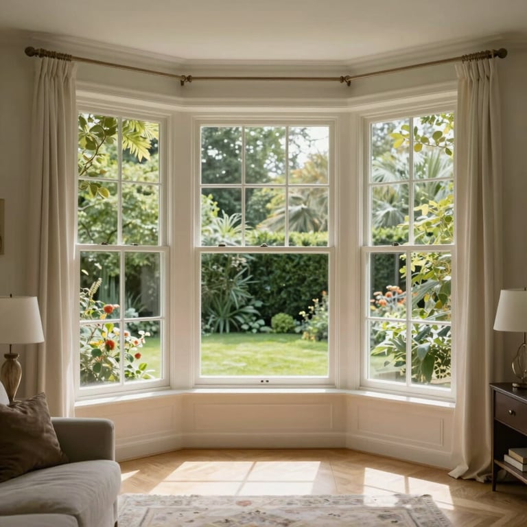 Bright interior living room with a large bay window overlooking a green garden in Belgium.