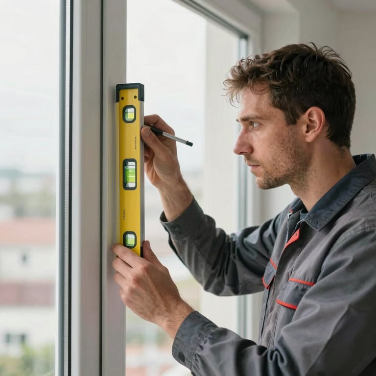 Technician in a professional uniform using a level to check the alignment of a new window installation.