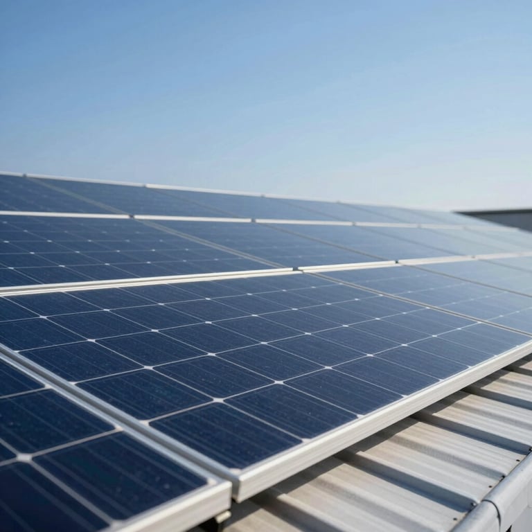 A clean solar panel array on a roof, reflecting a bright blue sky, illustrating high efficiency and thorough cleaning.