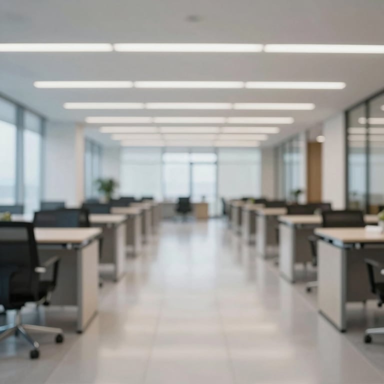 A commercial office interior after professional cleaning, showing gleaming floors and dust-free surfaces in a premium style.