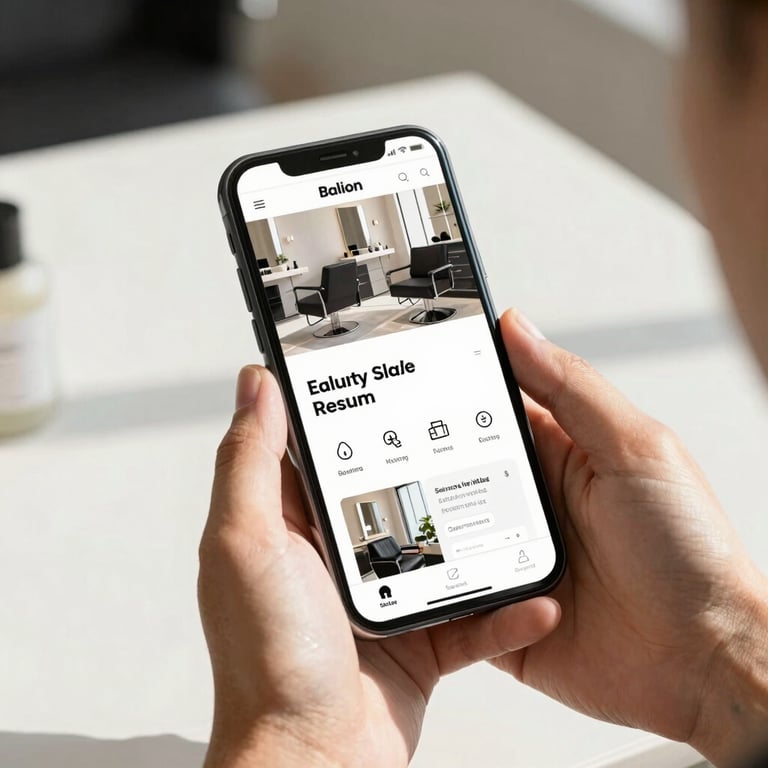 High-fidelity mockup of a modern salon website displayed on a smartphone screen held by hands, bright natural daylight, clean slate background.