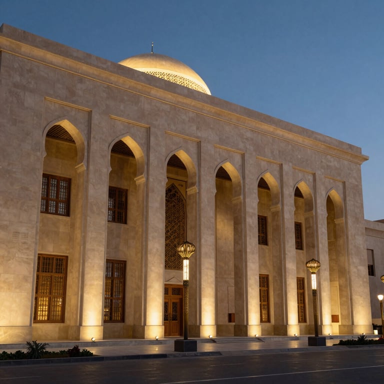 A government building in Riyadh perfectly lit by Aktar decorative poles, professional architectural photography.