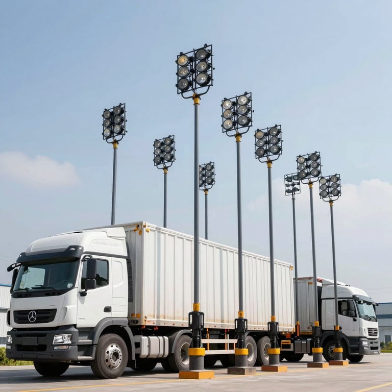 A fleet of transport trucks loaded with finished lighting poles leaving the factory, bright daylight.
