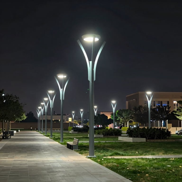 Modern street lighting illuminating a public park in Riyadh at night, light blue and charcoal tones.