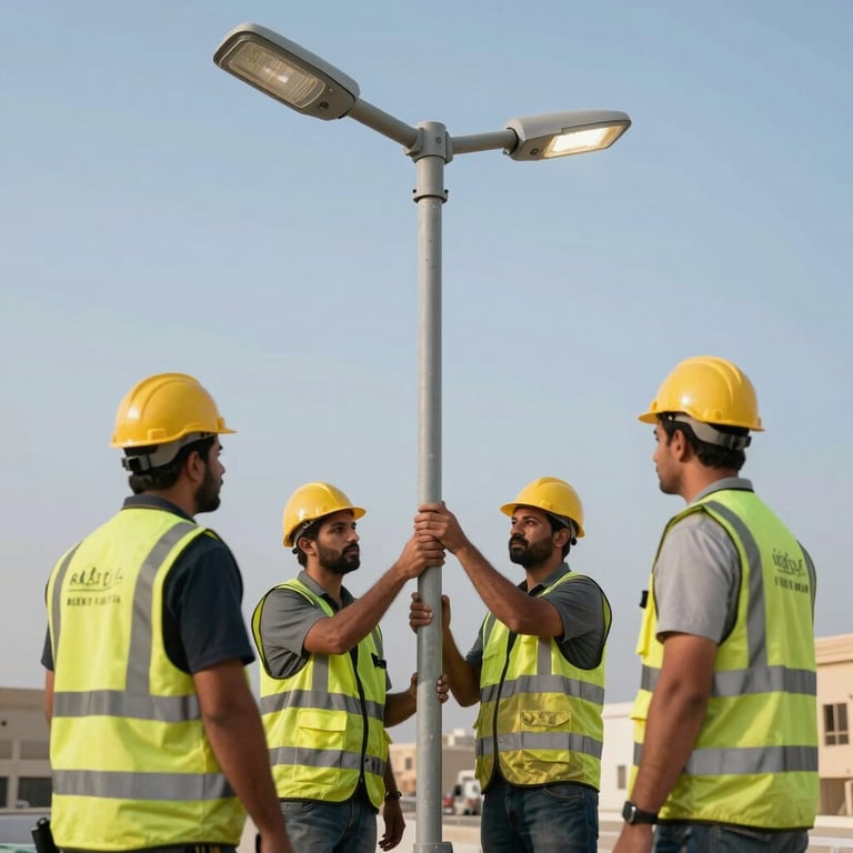 Professional installation team in safety gear working on a street lighting project in Riyadh, Middle Eastern / Gulf context.