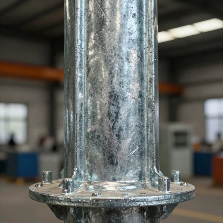 Detailed view of the high-quality galvanized steel texture of a lamp post in a production facility.