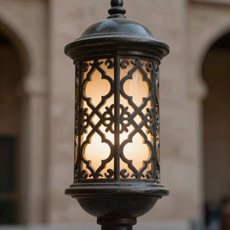 Close-up of a decorative urban lighting pole with intricate patterns, dark charcoal finish, soft warm light, Middle Eastern / Gulf setting.