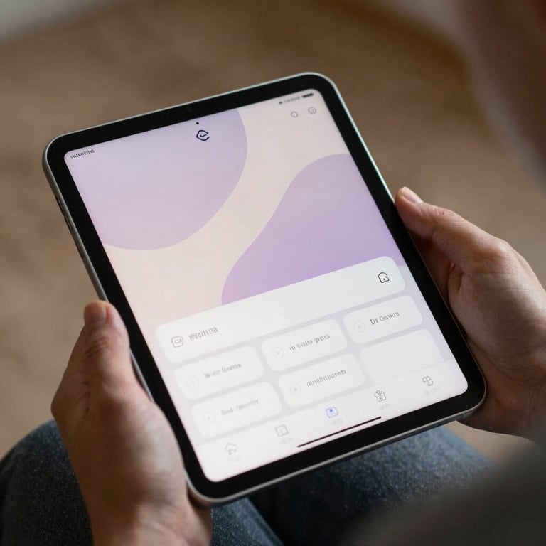 A professional looking at a tablet screen with an elegant mobile app design, North American setting, soft thistle light.