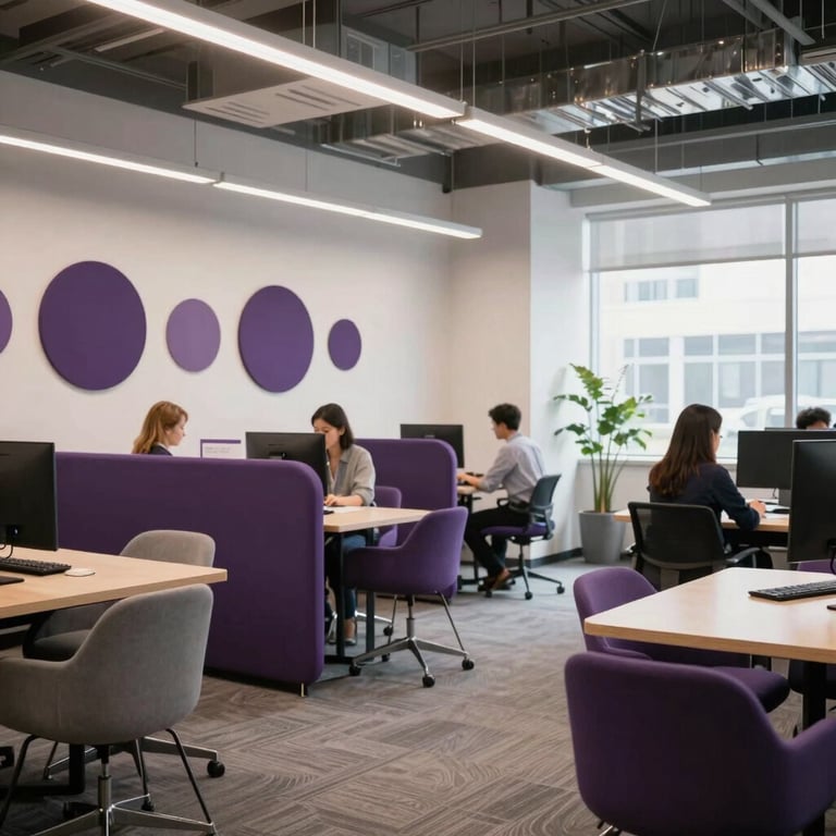 A bright and airy collaboration area in a US tech startup, with purple decorative accents and modern furniture.
