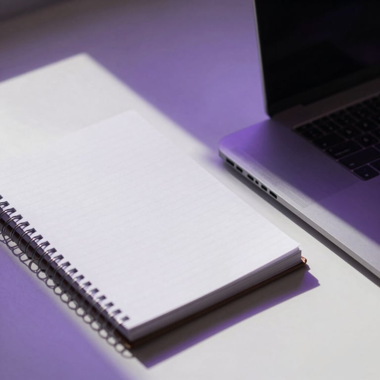 A clean, organized workspace featuring a laptop and a notebook, with subtle violet shadows casting across the desk, North American context.