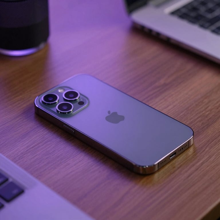 A close-up of a high-end smartphone on a polished wooden desk in a North American office, surrounded by soft purple lighting.