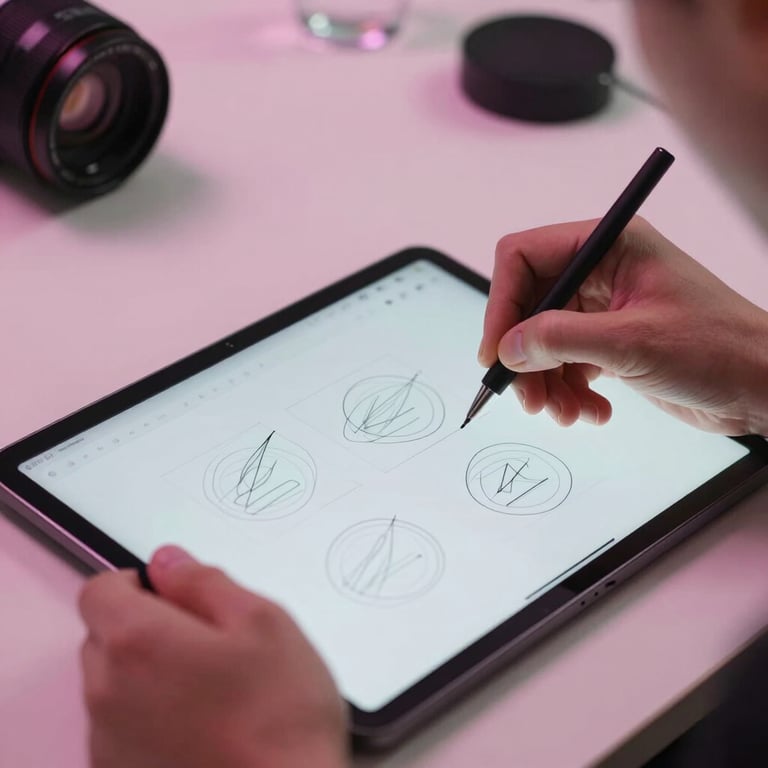 Close-up of hands drawing an app wireframe on a digital tablet, soft pink ambient light in a professional studio.