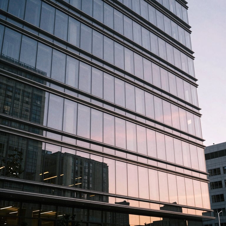Modern glass architectural details of a tech firm headquarters in the US, reflecting a light pink sunset.