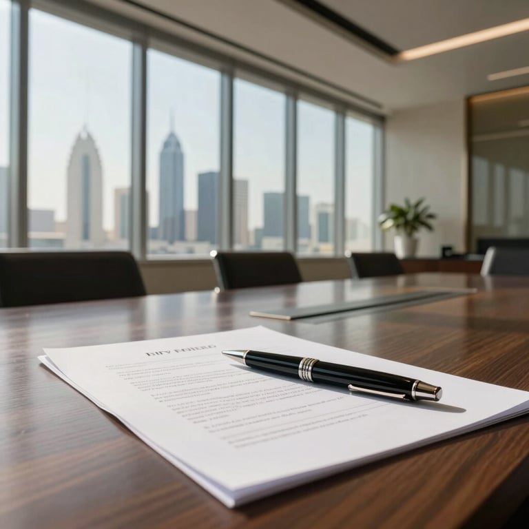 A cinematic, wide shot of a modern, sunlit Riyadh office boardroom, floor-to-ceiling windows showing the city skyline, warm natural daylight filtering in, a luxury fountain pen resting on a detailed commercial contract, absolute prestige.