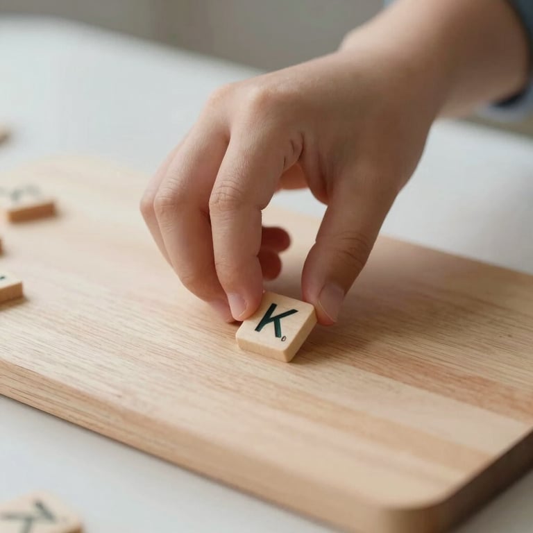 Close-up of a child's hand carefully placing a letter tile on a wooden board, soft morning light illuminating the natural wood grain.