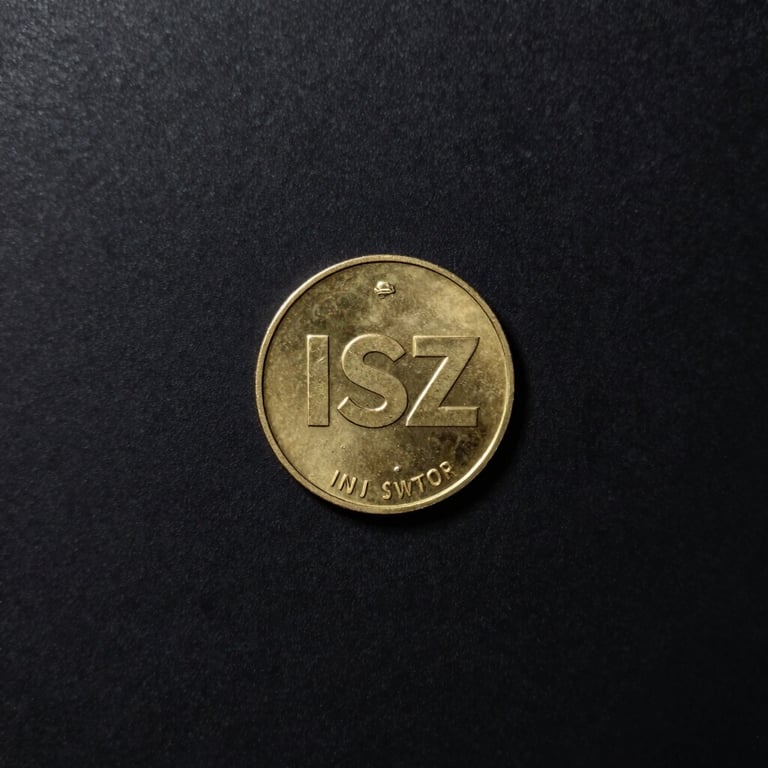 Overhead flat-lay on a near-black surface, a single gold ISZ token coin in sharp isolation at center frame, studio strobe lighting casting a hard rim of gold light around the coin's edge, minimal shadow underneath, clean dark background with no surrounding clutter