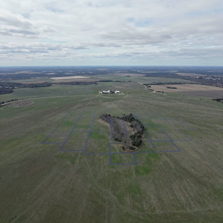 Top-down orthophoto perspective of Southeast Minnesota blufflands, crisp overcast daylight, muted green terrain with overlaid blue vector parcel boundaries, 35mm