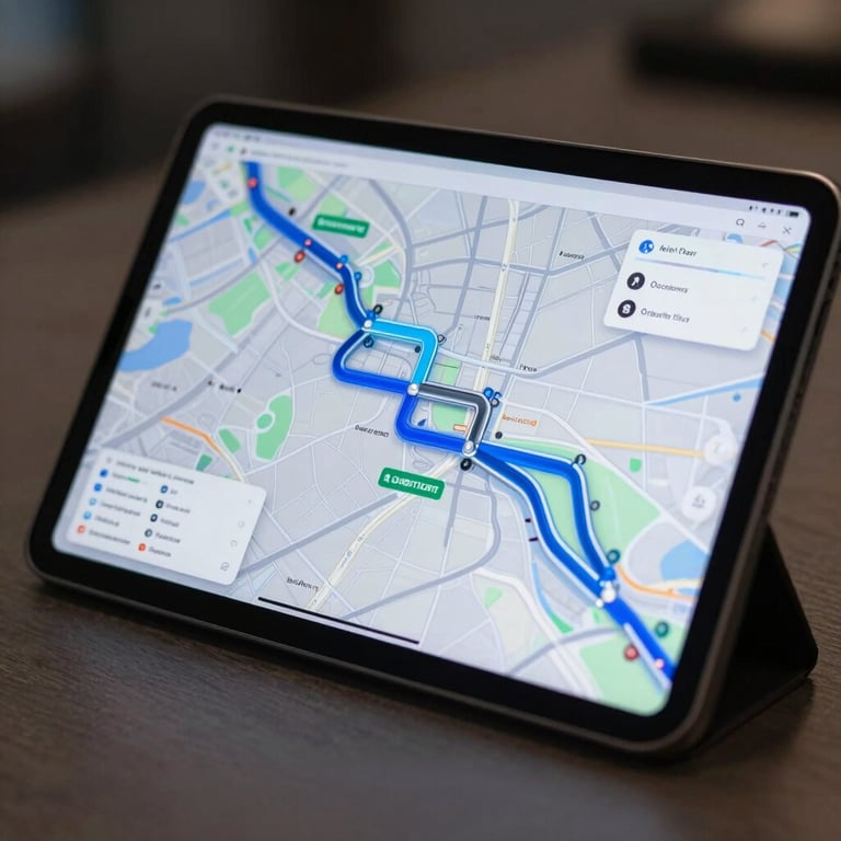 A modern tablet displaying a logistics map with glowing steel blue route lines in a dimly lit, professional environment.