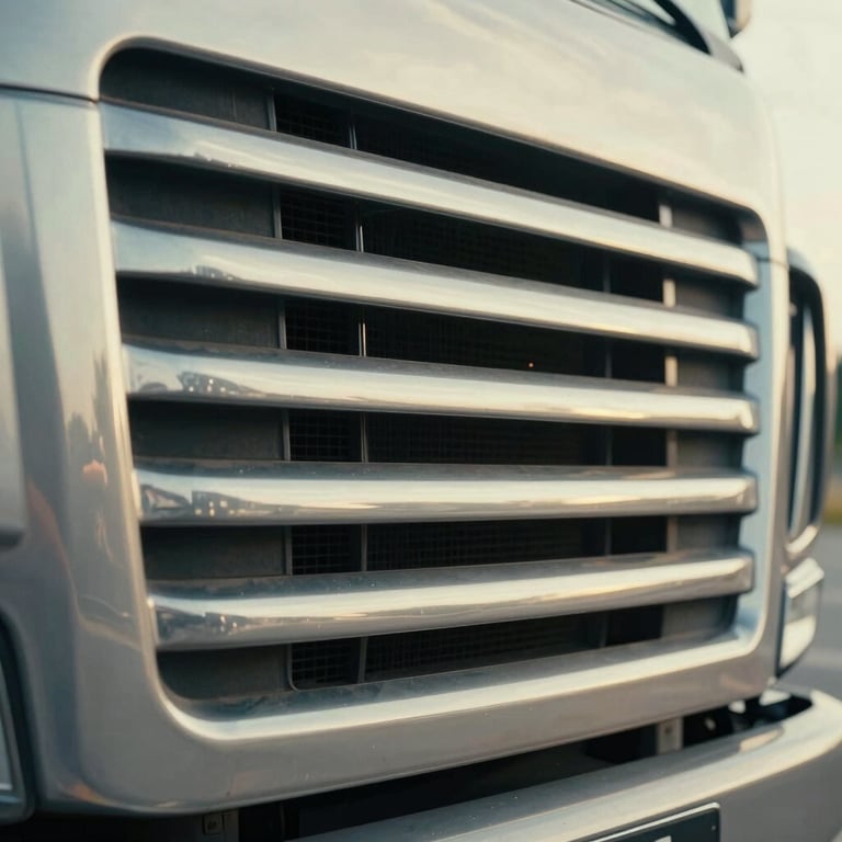 A macro shot of a polished silver freight truck grill, reflecting a soft off-white sky and muted sage surroundings.