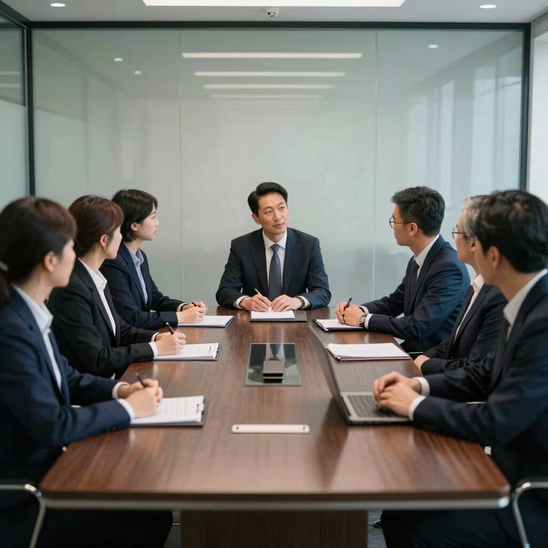 A professional team meeting in a glass-walled conference room, deep navy business attire, very clean and sophisticated composition.