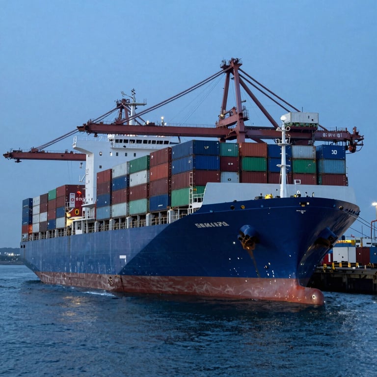 A large container ship docked at a port during the blue hour, lighting emphasizing steel blue water and structural order.