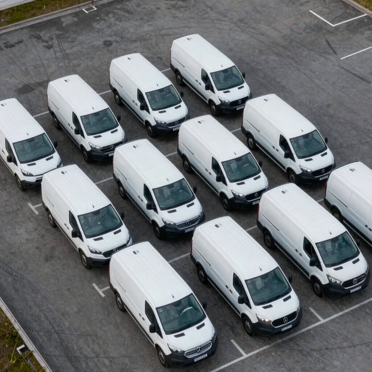 An aerial view of a fleet of white transport vans parked in a perfect geometric grid on a grey surface.