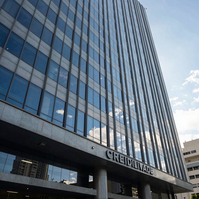 A fachada de um prédio comercial moderno e sofisticado no Brasil, refletindo o céu azul e transmitindo credibilidade.