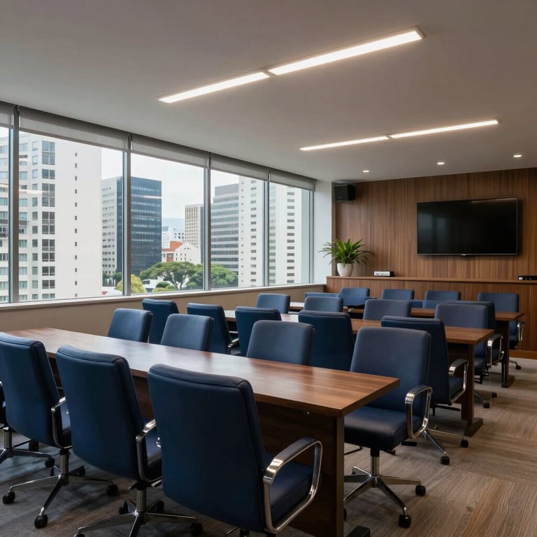 Uma sala de reuniões moderna em São Paulo com paredes de vidro e cadeiras de couro azul marinho.
