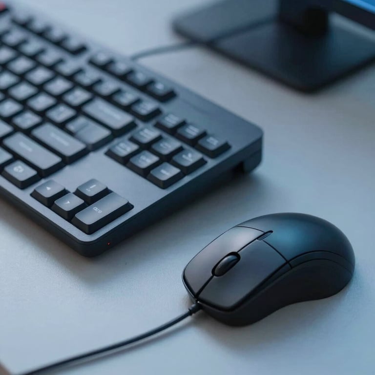 Visão macro de um teclado moderno e um mouse em uma estação de trabalho organizada, iluminação suave em azul claro.