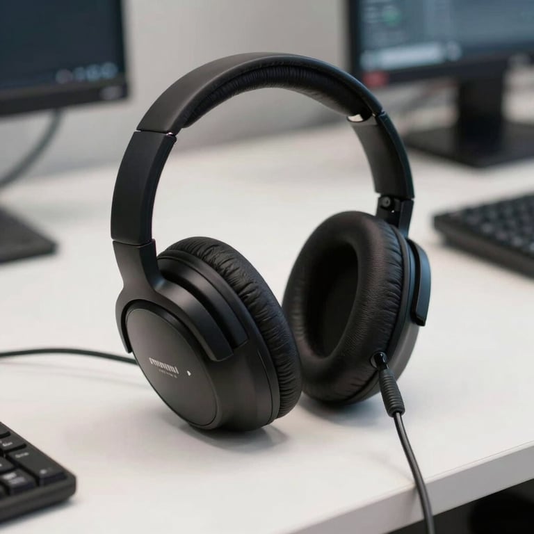 Detalhe de um headset profissional de alta tecnologia sobre uma mesa branca limpa em um escritório brasileiro.