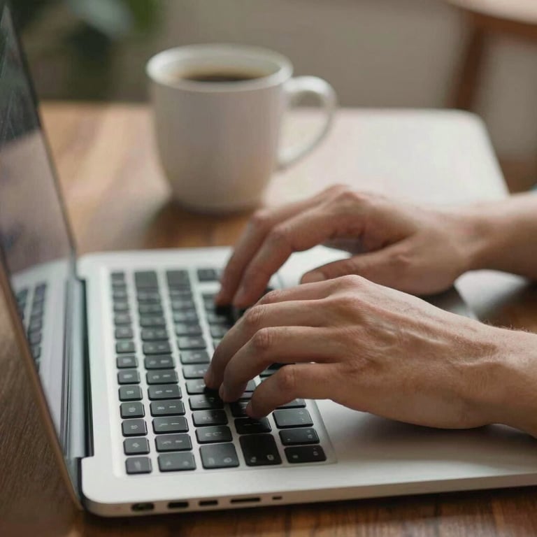 Close-up de mãos digitando em um laptop moderno com uma xícara de café ao lado, sugerindo produtividade e foco.