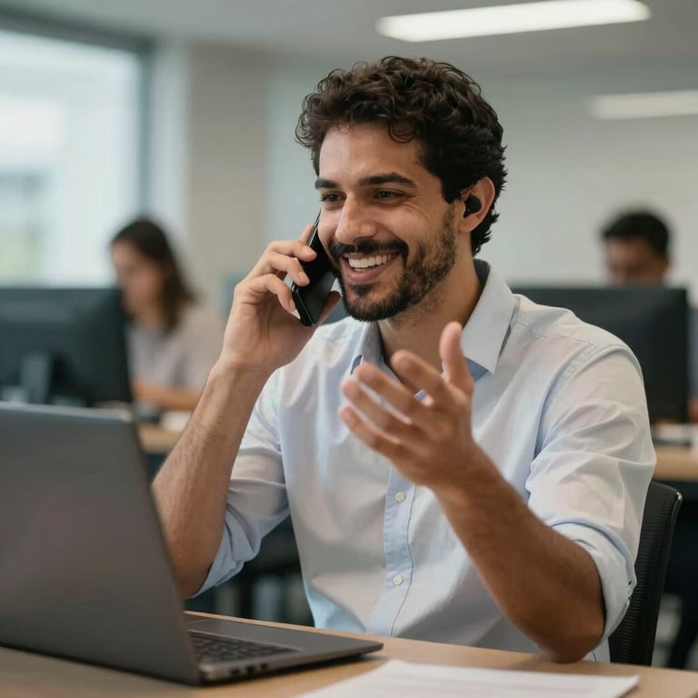 Um atendente sul-americano sorridente gesticulando gentilmente enquanto fala ao telefone em um ambiente corporativo moderno.