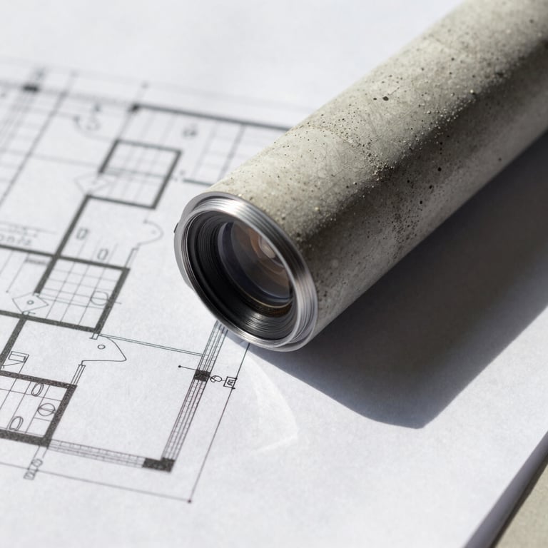 Close-up of a physical architectural blueprint and concrete texture under natural daylight, sharp shadows, minimal aesthetic.