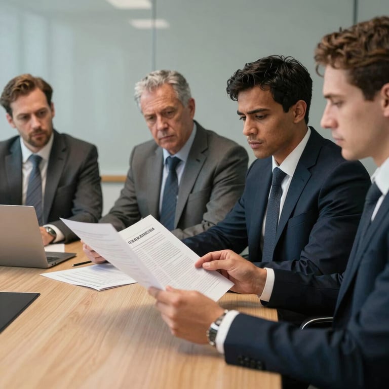 A group of diverse corporate professionals in a boardroom reviewing a detailed report, with focused, serious expressions.