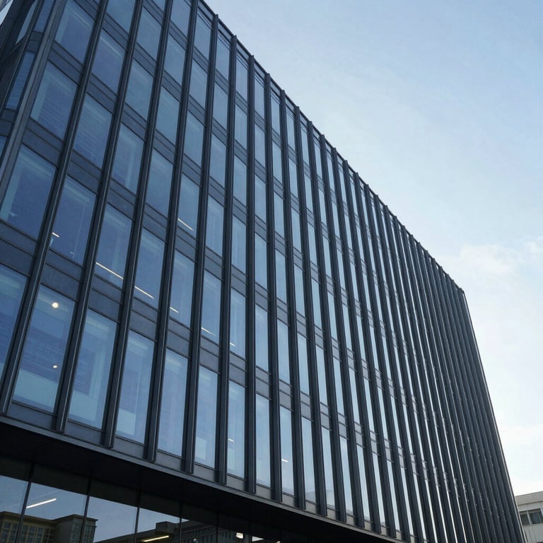 A wide shot of a sleek, modern corporate building exterior with glass reflecting a clear sky, dominated by steel blue and navy tones.