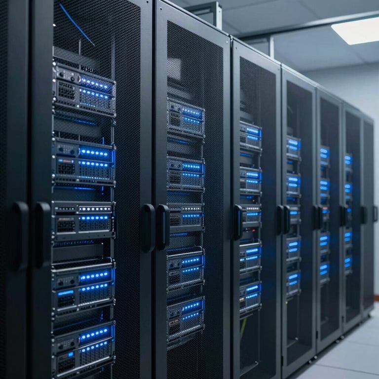 A clean, modern server room with rows of machines glowing with subtle steel blue light, suggesting secure data processing.