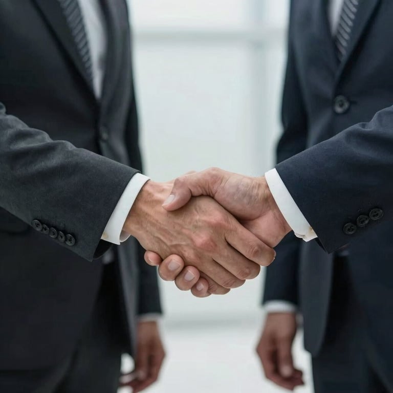 A professional, firm handshake between two business people in formal suits, signifying a finalized agreement and trust.