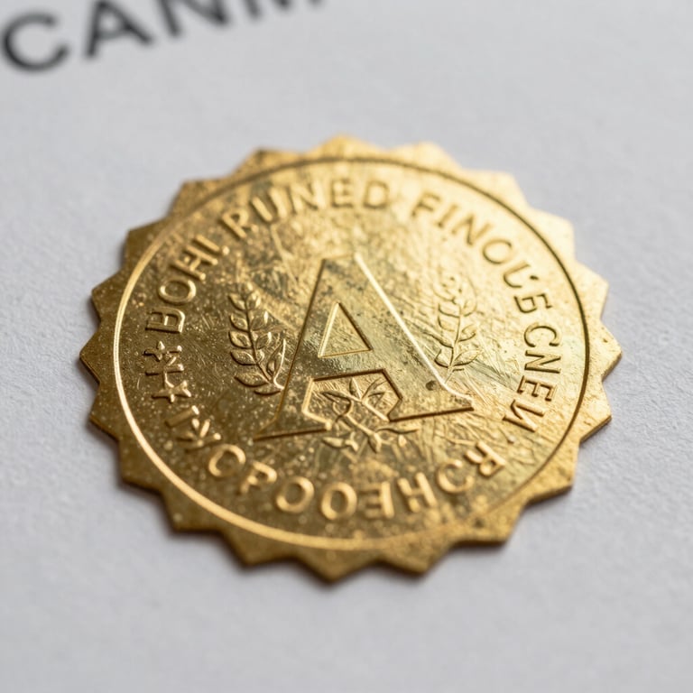 A macro shot of a secure, gold-embossed holographic seal on an official certificate, representing authenticity.
