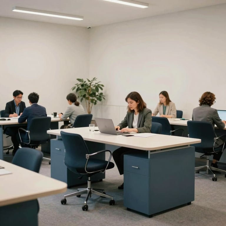 A professional collaborative workspace with off-white walls and sleek slate blue furniture, suggesting a modern and efficient consulting environment.