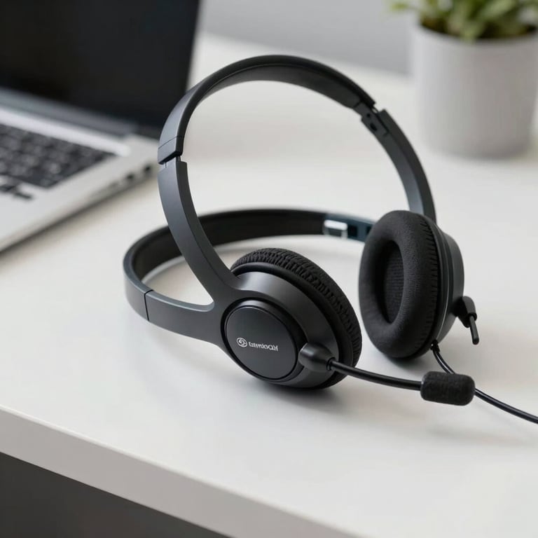 A close-up of high-end communication headsets resting on a clean, modern desk in a US office environment, representing professional contact center tools.