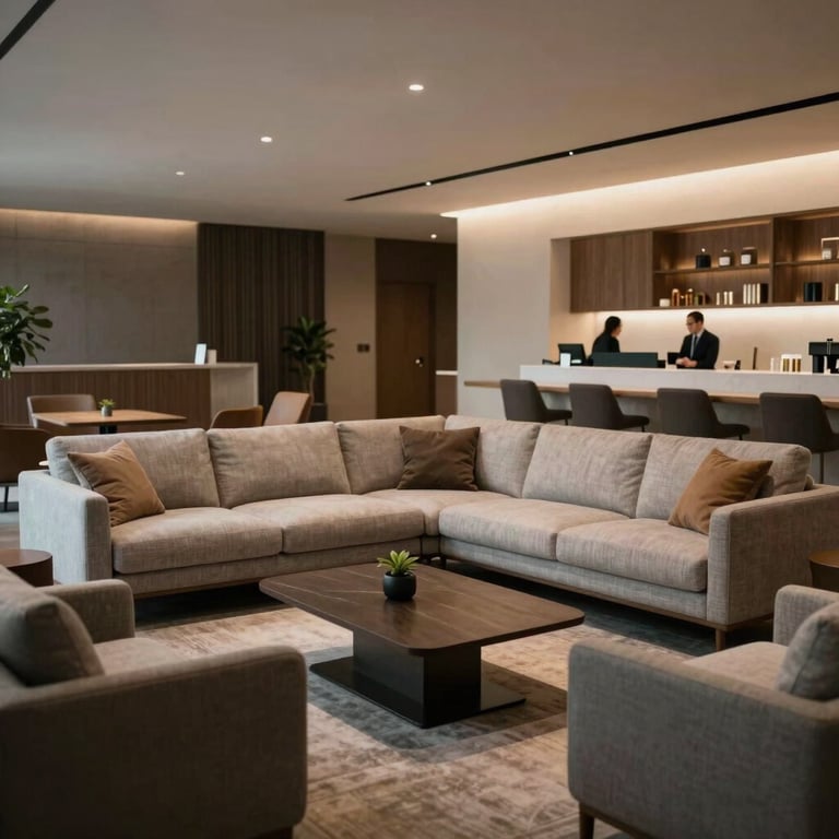 A wide shot of a contemporary lounge area for professionals with high-end furniture, emphasizing the authoritative and approachable brand tone.