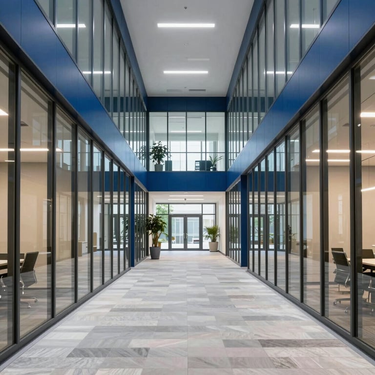 A brightly lit corridor of a modern North American corporate headquarters with slate blue accents and transparent glass office walls.