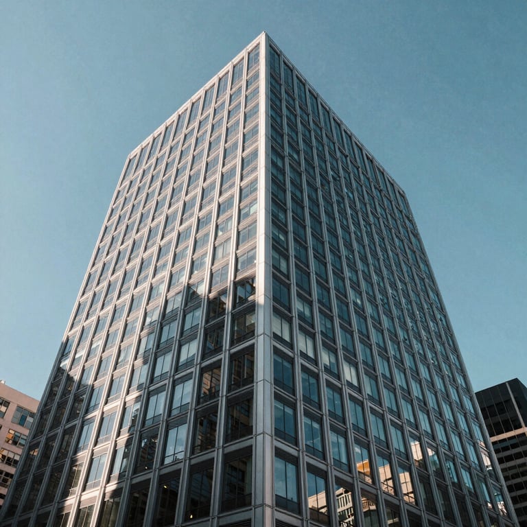 An architectural shot of a modern glass-and-steel office building in a North American business district, shot from below against a clear blue sky.