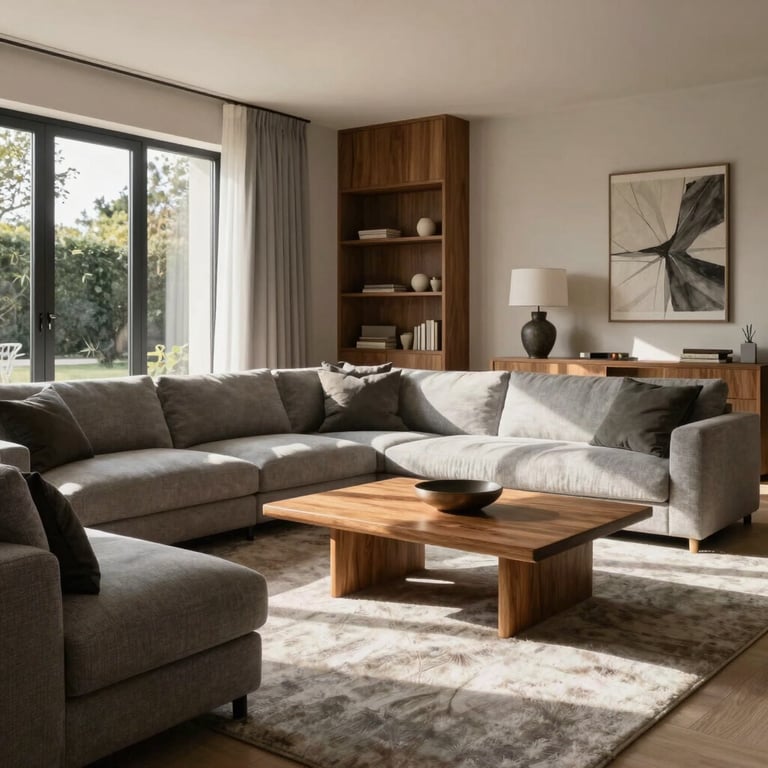 A sun-drenched contemporary living room in a French house, featuring a mix of mineral grey textiles and warm wood furniture.
